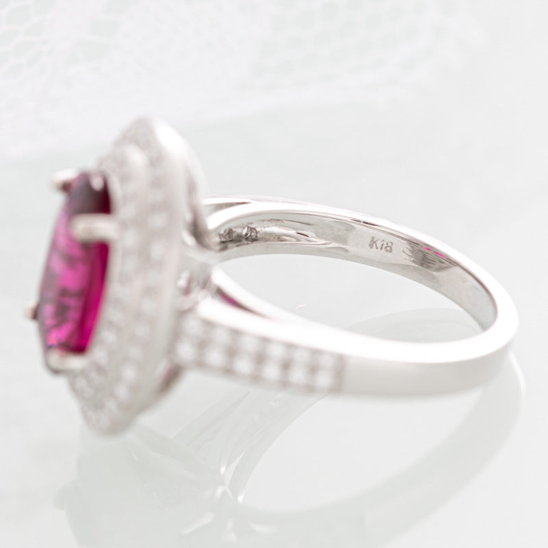 Elizabeth Rubellite diamond ring in 18k white gold.