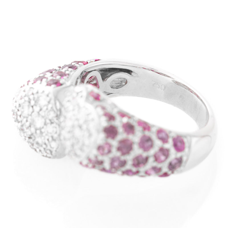 Two Hearts pink sapphire and diamond ring in 18k white gold.