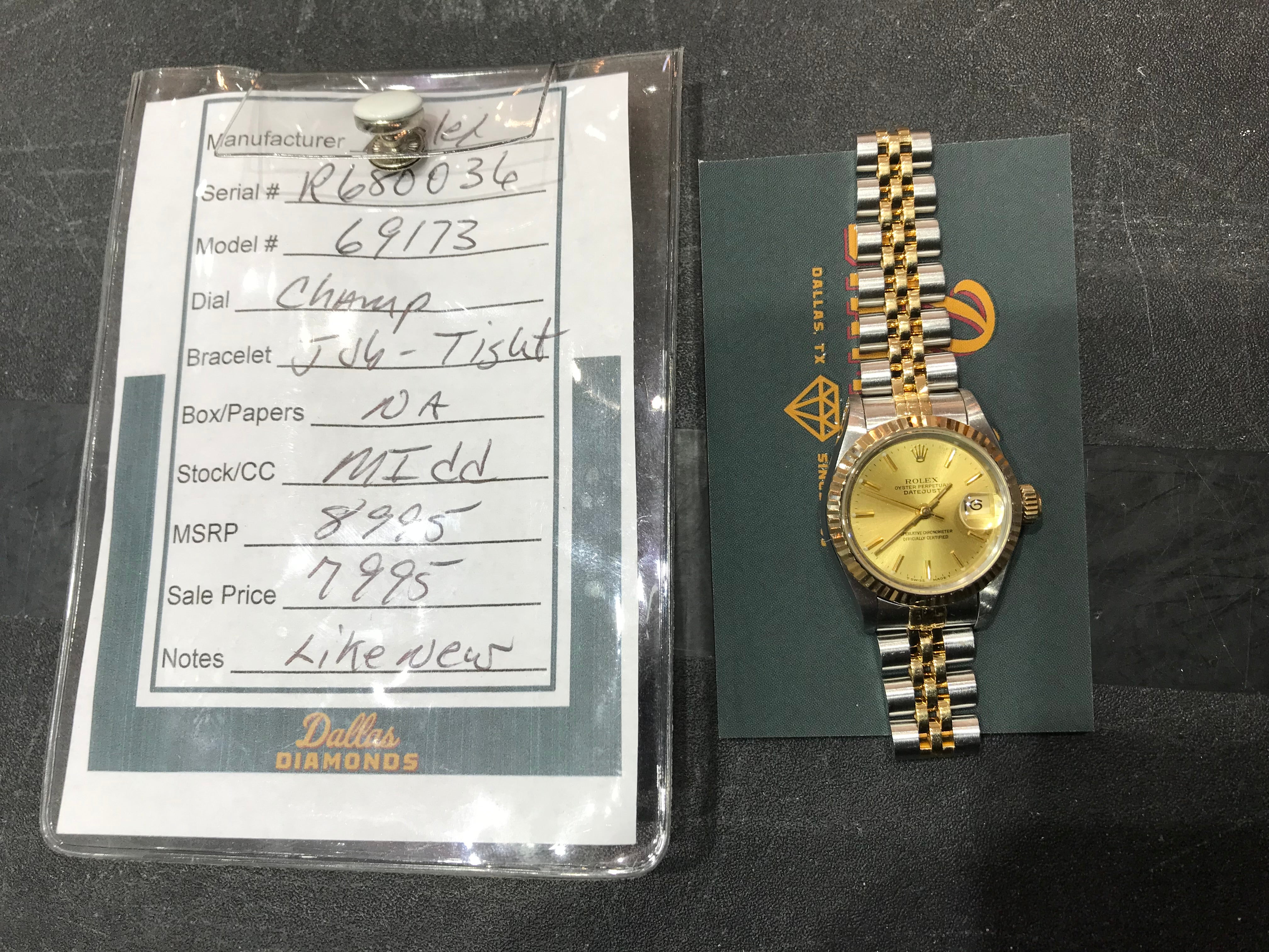 Rolex 18k Yellow Gold & Stainless Steel Datejust w/ Champagne Dial 69173