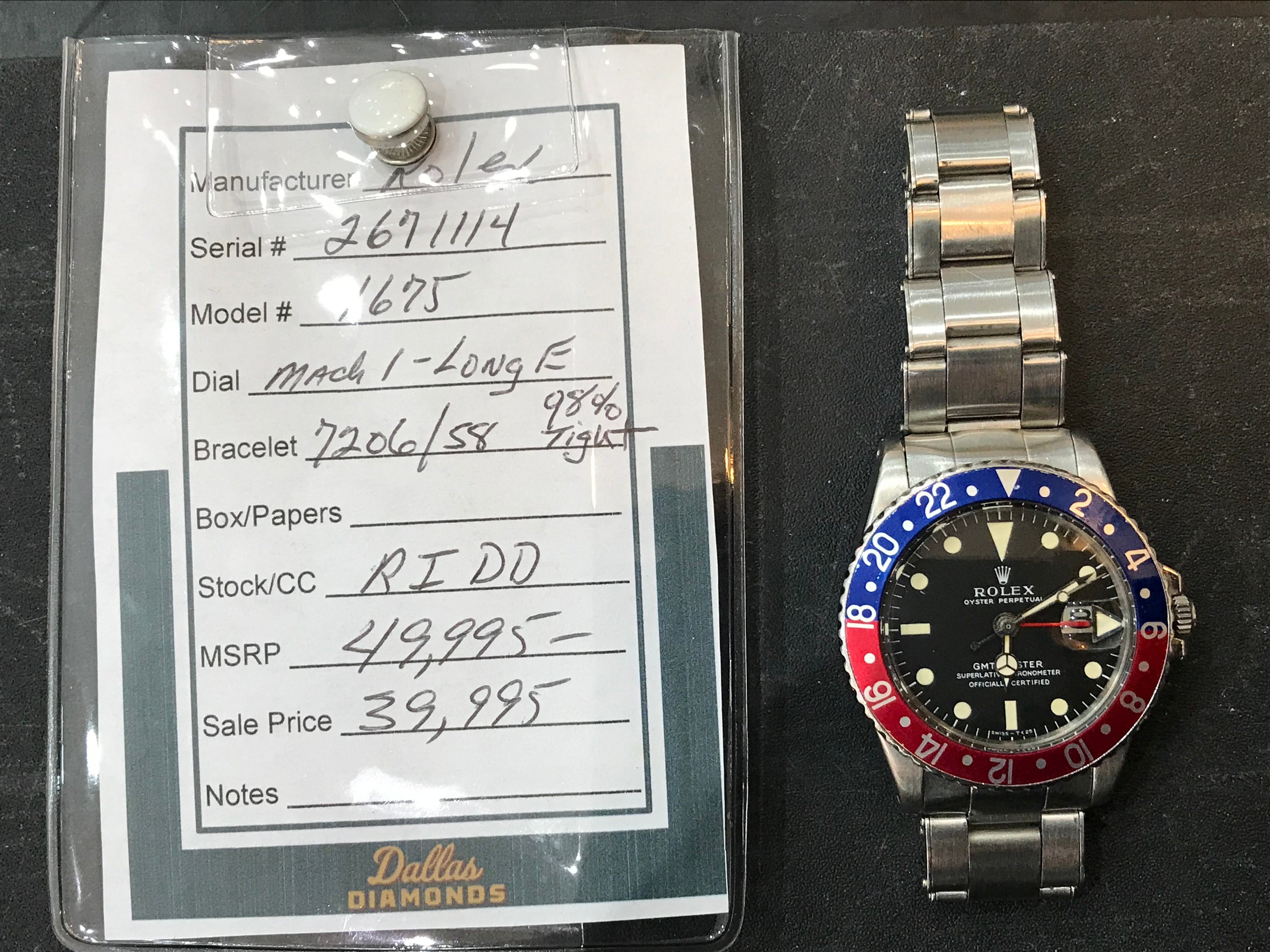 Rolex Vintage Stainless Steel GMT-Master 1675 Red & Blue Pepsi