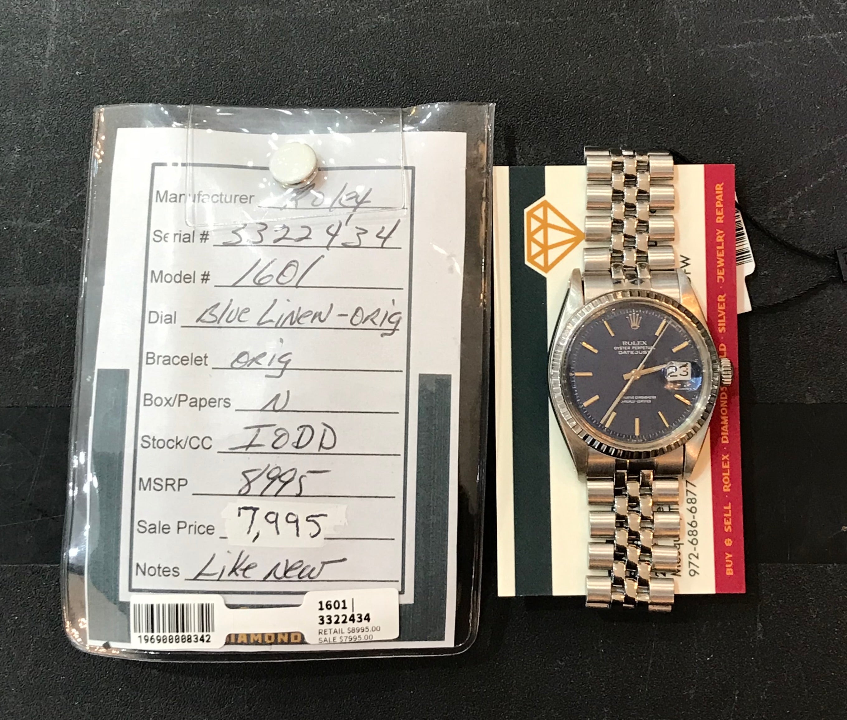 Rolex 36mm Stainless Steel Datejust 1601 with  Blue Linen Dial