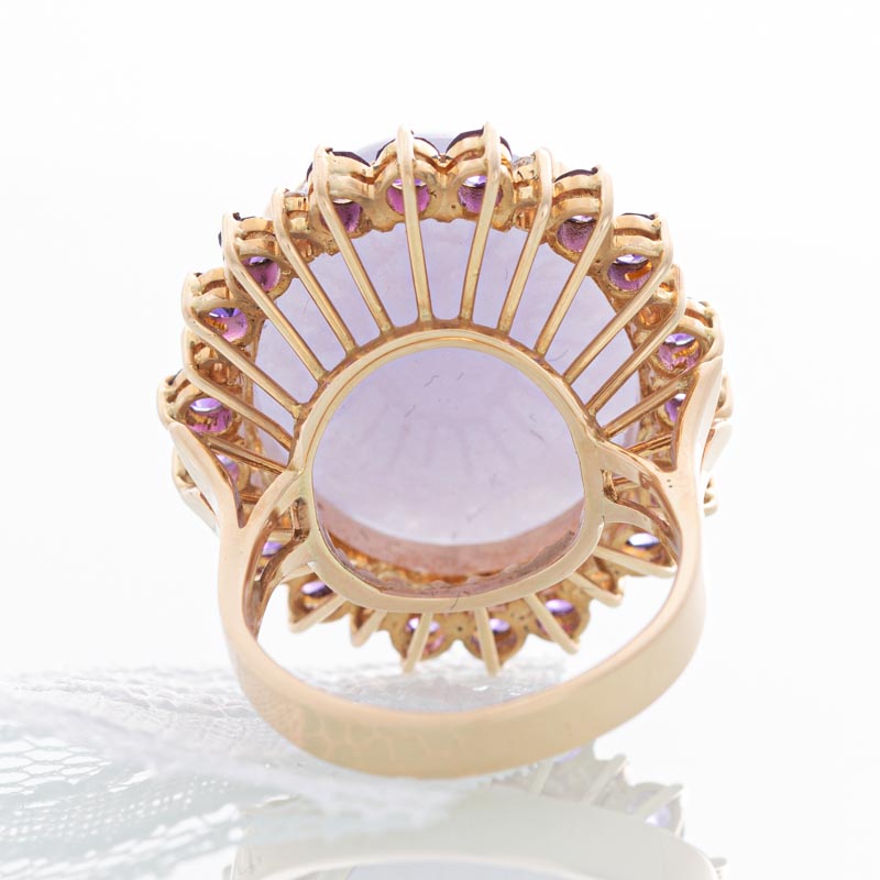 Lavender Quartz Amethyst ring with diamonds in 14K yellow gold.