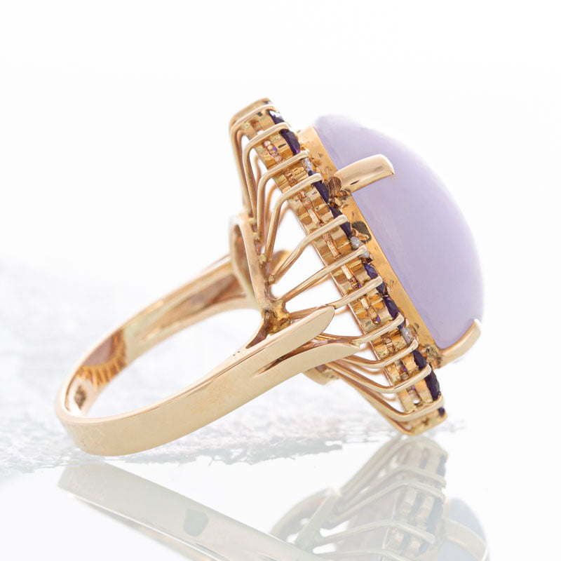 Lavender Quartz Amethyst ring with diamonds in 14K yellow gold.