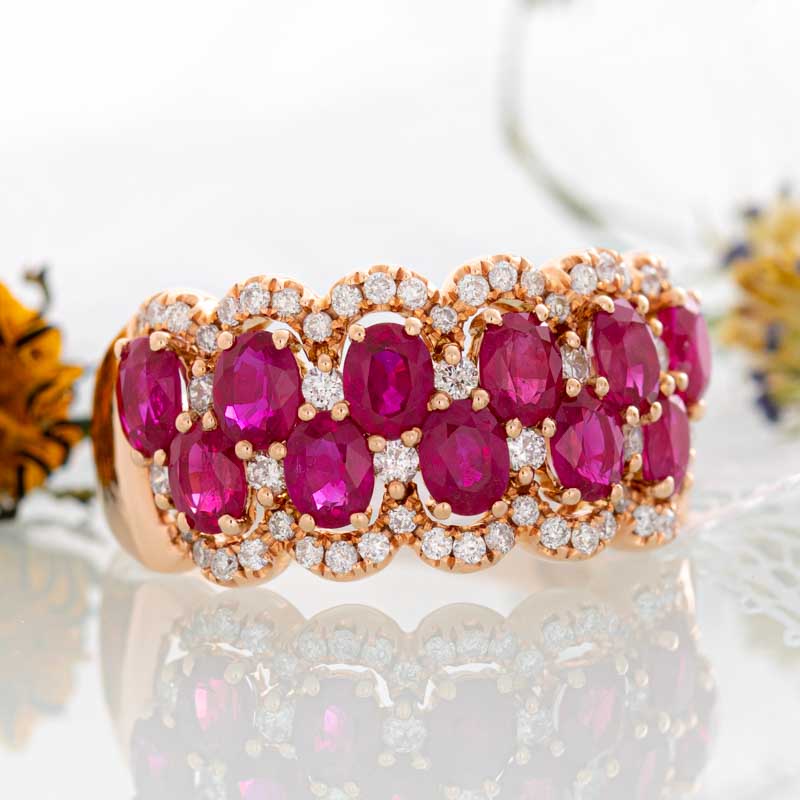 Raspberry Colored Rings Raspberry Wine Ruby Row ring with halo diamonds in 14k rose gold ...