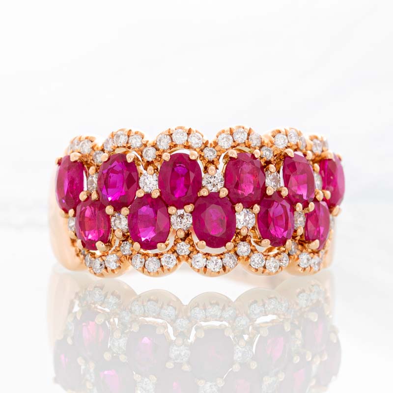 Raspberry Colored Rings Raspberry Wine Ruby Row ring with halo diamonds in 14k rose gold ...
