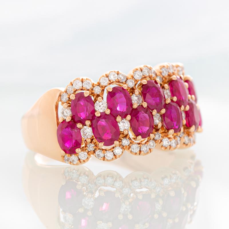 Raspberry Colored Rings Raspberry Wine Ruby Row ring with halo diamonds in 14k rose gold ...