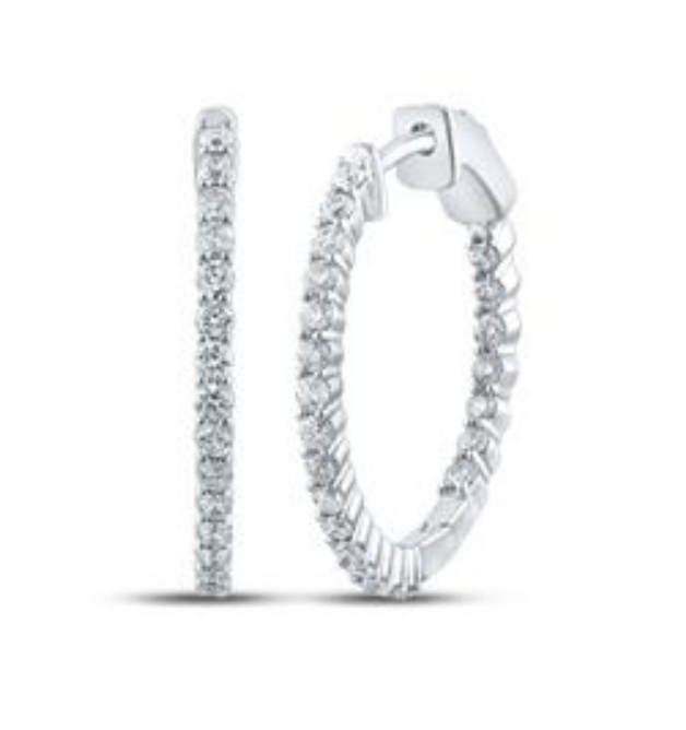10k White Gold Inside Out Diamond Hoops 1CTW