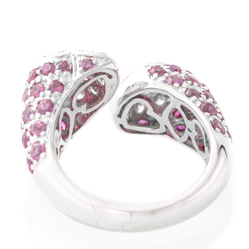 Two Hearts pink sapphire and diamond ring in 18k white gold.