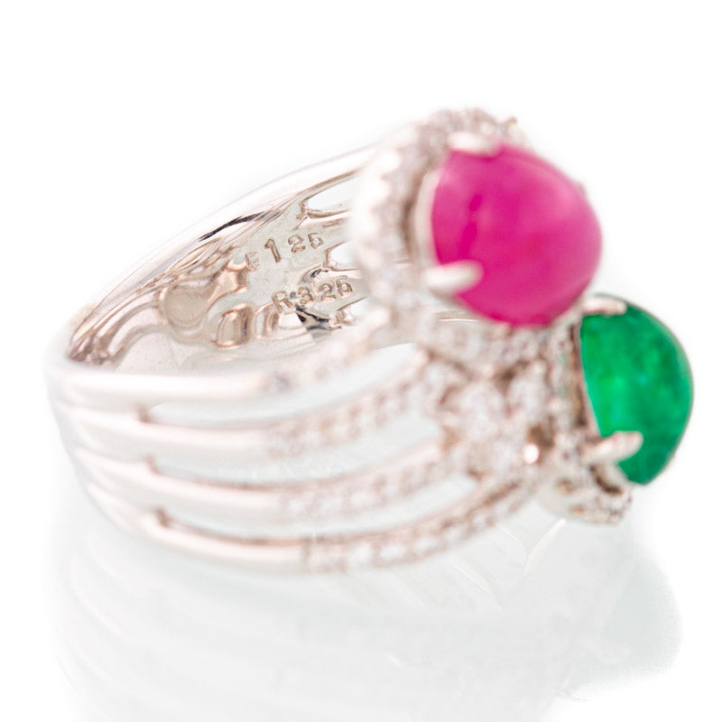 Two Moons ruby, emerald, and diamond Ring in 18k white gold.